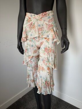 Zara Flowy Tiered Cream Peach & Green Floral Print Capris Pants